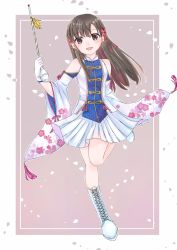 Rule 34 | 1girl, boots, brown eyes, brown hair, clothing cutout, cross-laced footwear, dakki0611, gloves, gradient background, highres, idolmaster, idolmaster cinderella girls, knee boots, kobayakawa sae, lace-up boots, long hair, miniskirt, outside border, shoulder cutout, skirt, solo, standing, standing on one leg, thigh boots, thighhighs