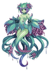 Rule 34 | 1girl, blush, breasts, colored skin, extra eyes, full body, green eyes, green hair, green skin, highres, kenkou cross, looking at viewer, matching hair/eyes, medium breasts, monster girl, monster girl encyclopedia, monster girl encyclopedia ii, multicolored hair, official art, plant girl, purple hair, simple background, smile, solo, tentacle (monster girl encyclopedia), tentacles, two-tone hair, white background