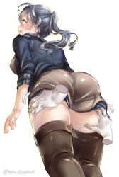 Rule 34 | 1girl, ahoge, alternate costume, ass, blue eyes, blue hair, blue jacket, blush, boots, breasts, brown footwear, dress, from below, gotland (kancolle), hair between eyes, jacket, juurouta, kantai collection, long hair, long sleeves, medium breasts, mole, mole under eye, one-hour drawing challenge, open mouth, ponytail, simple background, solo, solo focus, thigh boots, thighhighs, white background