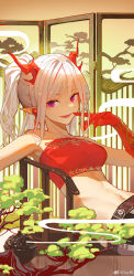Rule 34 | 1girl, absurdres, arknights, armpits, bandeau, bare arms, bare shoulders, chinese commentary, clay (clayjun), commentary request, dragon horns, earrings, highres, horns, jewelry, long hair, looking at viewer, lying, midriff, navel, nian (arknights), on back, open mouth, pointy ears, ponytail, purple eyes, reclining, sidelocks, smile, solo, stomach, strapless, tube top, weibo watermark, white hair