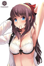 Rule 34 | 10s, 1girl, absurdres, arm up, armpits, artist name, blue eyes, bra, breasts, brown hair, cleavage, english text, hair ribbon, hair tie, head tilt, highres, lace, lace-trimmed bra, lace trim, large breasts, long hair, looking at viewer, mole, mole on breast, mouth hold, new game!, oikawa sakura, ponytail, red ribbon, ribbon, shirt, solo, sweat, takimoto hifumi, underwear, undressing, upper body, white background, white bra, white shirt