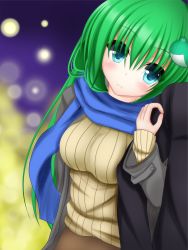 Rule 34 | 1girl, absurdres, holding another&#039;s arm, bad hands, blue eyes, breasts, casual, contemporary, female focus, frog hair ornament, gengodou, green hair, hair ornament, highres, kochiya sanae, large breasts, long hair, scarf, smile, solo focus, sweater, tapisuke, touhou