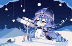Rule 34 | 1girl, bags under eyes, beetle, black dress, black gloves, black sleeves, blue hair, blue hood, blush, bracelet, bug, chibi, closed mouth, cloud, cold, commentary, desert, detached sleeves, diadem, dress, drill hair, drill sidelocks, full moon, genshin impact, gloves, gold footwear, gold trim, hoshiusagi no chloe, insect, jewelry, knees up, layla (genshin impact), long hair, mobile, moon, moon (ornament), multicolored hair, neck ring, night, night sky, on ground, pantyhose, pointy ears, pyramid (structure), runny nose, sand dune, scarab, sidelocks, sitting, sky, snot, solo, star (sky), star (symbol), starry sky, strapless, strapless dress, telescope, thighlet, trembling, twintails, twitter username, two-tone hair, very long hair, visible air, wavy mouth, white pantyhose, yellow eyes