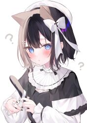 Rule 34 | 1girl, ?, animal ears, beret, black hair, black nails, blue eyes, blush, brown hair, cat ears, cat girl, commission, frilled sleeves, frills, hakua aa, hat, highres, indie virtual youtuber, long sleeves, multicolored hair, nekodo oyuchi, open mouth, short hair, skeb commission, solo, split-color hair, white hat
