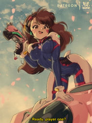 Rule 34 | 1990s (style), 1girl, blue bodysuit, bluethebone, bodysuit, breasts, brown eyes, brown hair, commentary, covered erect nipples, d.va (overwatch), english commentary, facial mark, gloves, gun, handgun, highres, holding, holding gun, holding weapon, long hair, looking at viewer, mecha, medium breasts, open mouth, overwatch, patreon username, retro artstyle, robot, smile, solo, subtitled, teeth, upper teeth only, weapon, white gloves