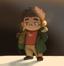 Rule 34 | 1boy, brown footwear, brown gloves, brown hair, chibi, chibi only, closed mouth, full body, glasses, gloves, grey pants, highres, jewelry, long sideburns, long sleeves, male focus, motoori shiro, necklace, no nose, pants, red sweater, ribbed sweater, short hair, sideburns, solo, standing, sweater, thick eyebrows, tokyo houkago summoners, tyou