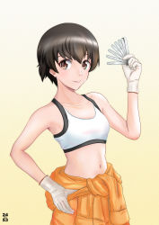 Rule 34 | 1girl, artist name, brown eyes, brown hair, closed mouth, clothes around waist, commentary, girls und panzer, gloves, hand on own hip, highres, holding, jumpsuit, jumpsuit pull, looking at viewer, mechanic, nakajima (girls und panzer), navel, nishi itsumi, orange jumpsuit, short hair, signature, smile, solo, sports bra, standing, tools, uniform, white gloves, white sports bra, yellow background
