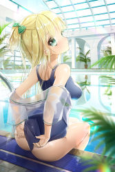 Rule 34 | 1girl, :o, adjusting clothes, adjusting swimsuit, arch, ass, back, bad id, bad pixiv id, bikini, bikini under clothes, blonde hair, blouse, blue bikini, blue one-piece swimsuit, blurry, bow, breasts, building, depth of field, eyebrows, eyelashes, from behind, green eyes, hair bow, highres, indoors, large breasts, legs together, lens flare, light particles, long hair, looking at viewer, looking back, name tag, nape, off shoulder, official art, one-piece swimsuit, one side up, original, palm tree, plaid, plaid bow, plant, pool, pool ladder, poolside, potted plant, reflection, school uniform, see-through, serafuku, shirt, short sleeves, sideboob, siloteddy, sitting, skin tight, solo, sunlight, swimsuit, swimsuit under clothes, thong bikini, tile floor, tiles, tree, water