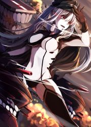 Rule 34 | 10s, 1girl, abyssal ship, arm up, armpits, black cape, black gloves, black hat, black panties, black thighhighs, breasts, cannon, cape, center opening, chain, dark persona, explosion, flight deck, floating hair, garter straps, gloves, graf zeppelin (kancolle), hat, kantai collection, koruta (nekoimo), large breasts, long hair, machinery, monster, navel, panties, peaked cap, red eyes, sidelocks, skindentation, smoke, standing, stomach, teeth, thighhighs, torn cape, torn clothes, turret, underwear, very long hair, wind