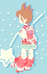 Rule 34 | 1boy, amano keita, arm at side, bandaid, bandaid on face, blue background, blue shorts, book, brown hair, character bag, child, full body, long sleeves, looking back, loose socks, male focus, no lineart, nonana (mikudrop), pastel colors, red socks, roller skates, short hair, shorts, skates, socks, solo, star (symbol), tongue, tongue out, transparent bag, whisper (youkai watch), youkai watch