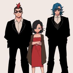 Rule 34 | 1girl, 2boys, 320 (romsen), alternate hair length, alternate hairstyle, arms behind back, bad id, bad twitter id, black coat, black hair, black suit, black vest, blue eyes, blue hair, cape, closed mouth, coat, collarbone, commentary, crossed arms, dress, dress shirt, formal, frown, glaring, grey background, highres, jacket, jacket on shoulders, kill la kill, kinagase tsumugu, looking at viewer, matoi ryuuko, medium dress, mikisugi aikurou, mohawk, multicolored hair, multiple boys, red cape, red dress, red hair, shirt, short hair, simple background, smirk, standing, streaked hair, suit, sunglasses, swept bangs, symbol-only commentary, two-tone hair, v-shaped eyebrows, vest, white shirt
