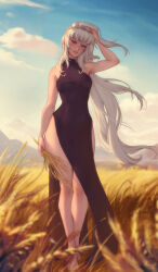 Rule 34 | 1girl, bare arms, bare legs, bare shoulders, barefoot, black dress, blue eyes, blue sky, breasts, bug, cloud, commentary, day, dress, hand in own hair, highres, long hair, looking at viewer, medium breasts, mountainous horizon, original, outdoors, parted lips, personal ami, side slit, silk, sky, sleeveless, sleeveless dress, solo, spider, spider web, standing, very long hair, wheat, wheat field, white hair