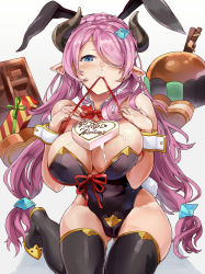 Rule 34 | 10s, 1girl, animal ears, bare shoulders, black leotard, black thighhighs, blue eyes, breasts, candy, chocolate, chocolate heart, chocolate on body, chocolate on breasts, detached collar, draph, food, food on body, granblue fantasy, groin, hair ornament, hair over one eye, hands on own chest, heart, highres, himuro shunsuke, horns, large breasts, leotard, light purple hair, long hair, looking at viewer, ment, narmaya (granblue fantasy), pointy ears, rabbit ears, rabbit girl, red ribbon, ribbon, sitting, solo, thighhighs, thighs