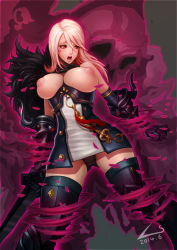Rule 34 | 00s, 1girl, bare shoulders, blush, boots, breasts, breasts out, dark templar (dungeon and fighter), dated, dnf, dress, dungeon and fighter, elbow gloves, female slayer, female slayer (dungeon and fighter), gauntlets, ghost knight (dungeon and fighter), gloves, highres, inverted nipples, l axe, long hair, nipples, open mouth, panties, pantyshot, pink hair, puffy areolae, red eyes, short dress, skull, slayer, solo, sword, thigh boots, thighhighs, underwear, weapon, white hair, zettai ryouiki