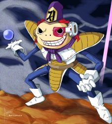 Rule 34 | 1boy, armor, artist name, artist request, clenched teeth, cosplay, deva (digimon), digimon, digimon (creature), dragon ball, full body, gloves, grin, hat, makuramon, monkey, monkey tail, no humans, parody, smile, solo, tail, teeth, vegeta, vegeta (cosplay), voice actor connection