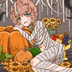 Rule 34 | 1girl, apple, bandages, blue eyes, blush, braid, brown hair, crown braid, fang, fate/grand order, fate (series), flat chest, flower, food, fruit, fruit cup, grapes, halloween, halloween costume, leaning on object, looking at viewer, mummy costume, naked bandage, navel, on floor, open mouth, pumpkin, shimogamo (shimomo 12), side braid, sitting, solo, sunflower, sweatdrop, tongue, van gogh (fate)