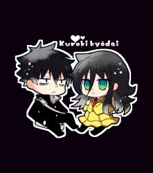 1boy 1girl :&lt; backpack bag bags_under_eyes black_background black_footwear black_hair black_jacket black_pants black_pantyhose blazer brother_and_sister chibi chibi_only closed_mouth collared_shirt furrowed_brow gakuran green_eyes grey_shirt hair_between_eyes hands_in_pockets heart high_collar highres holding_strap jacket kuroki_tomoki kuroki_tomoko long_hair long_hair_between_eyes long_skirt long_sleeves necktie no_pupils open_mouth outline pants pantyhose pleated_skirt pokuron red_necktie sanpaku school_uniform shirt short_hair shoulder_bag siblings sidelocks skirt spiked_hair v-shaped_eyebrows watashi_ga_motenai_no_wa_dou_kangaetemo_omaera_ga_warui! white_outline white_shirt yellow_jacket yellow_skirt