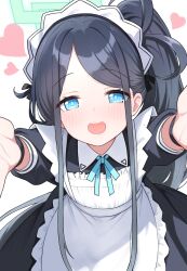 1girl :d absurdres apron aris_(blue_archive) aris_(maid)_(blue_archive) black_hair blue_archive blue_eyes blue_ribbon blush bright_pupils commentary_request cowboy_shot eyelashes frilled_apron frills green_halo halo happy heart highres incoming_hug korean_commentary long_hair looking_at_viewer maid maid_apron maid_headdress neck_ribbon official_alternate_costume official_alternate_hairstyle open_mouth outstretched_arms parted_bangs ponytail pov puffy_short_sleeves puffy_sleeves ribbon saho_4545 short_sleeves sidelocks simple_background smile solo straight-on teeth upper_teeth_only very_long_hair white_background