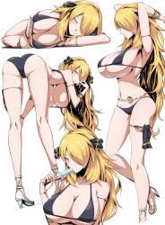 Rule 34 | 1girl, ass, bent over, bikini, black bikini, blonde hair, breasts, cleavage, creatures (company), cynthia (pokemon), food, game freak, highres, huge breasts, large breasts, looking at viewer, looking back, lying, multiple views, nintendo, on side, pokemon, pokemon dppt, popsicle, shimure (460), swimsuit, thigh strap, underboob, white background, yellow eyes
