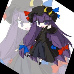 Rule 34 | 1girl, :o, alternate costume, balladia, black dress, blouse, bow, buttons, chibi, crescent, dress, eyelashes, female focus, full body, hair bow, hair ribbon, hat, hat bow, long hair, long sleeves, looking at viewer, low-tied long hair, no nose, open mouth, outstretched arm, patchouli knowledge, purple eyes, purple hair, ribbon, shirt, shoes, short hair, simple background, solo, square, standing, standing on one leg, touhou, tress ribbon, very long hair, vest, white background, wide sleeves, zoom layer