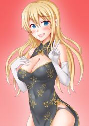 Rule 34 | 1girl, anti (untea9), atago (kancolle), black dress, blonde hair, blush, breasts, china dress, chinese clothes, cleavage, dress, elbow gloves, gloves, gradient background, green eyes, hand on own chest, highres, kantai collection, large breasts, long hair, looking at viewer, open mouth, pink background, smile, solo, white gloves