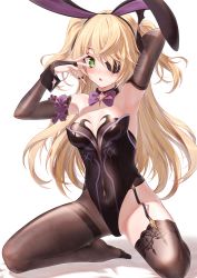 Rule 34 | 1girl, @ @, adapted costume, animal ears, arm behind head, armpits, arms up, bae.c, bare shoulders, black choker, black leotard, blonde hair, blush, bow, bowtie, breasts, bridal gauntlets, brown thighhighs, choker, eyepatch, fake animal ears, fischl (genshin impact), garter straps, genshin impact, green eyes, hair ornament, hair over one eye, hairband, highleg, highleg leotard, highres, kneeling, leotard, long hair, looking at viewer, nail polish, no shoes, pantyhose, parted lips, playboy bunny, rabbit ears, simple background, single leg pantyhose, single thighhigh, small breasts, solo, strapless, strapless leotard, thighband pantyhose, thighhighs, thighs, two side up, white background, wrist cuffs