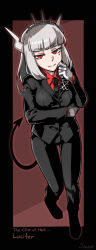 Rule 34 | 1girl, absurdres, air glen, arm under breasts, black footwear, black jacket, black necktie, black pants, black suit, black tail, blunt bangs, blush, brooch, business suit, collared shirt, commentary request, demon horns, demon tail, english text, formal, full body, gloves, hairband, hand up, helltaker, highres, horns, jacket, jewelry, lapels, long hair, long sleeves, looking at viewer, lucifer (helltaker), mole, mole under eye, necktie, notched lapels, pants, red eyes, red shirt, shirt, sidelocks, smile, solo, spiked hairband, spikes, suit, tail, thigh gap, white gloves, white hair, white horns, wing collar