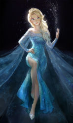 Rule 34 | 1girl, achyue, bare shoulders, blonde hair, blue eyes, braid, dress, elsa (frozen), eyeshadow, frozen (disney), hair over shoulder, hand on own hip, highres, ice, lips, long hair, looking at viewer, makeup, parted bangs, revision, see-through, sequins, side slit, single braid, solo, swept bangs, wavy hair, wide hips