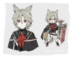 Rule 34 | 1boy, animal ear fluff, animal ears, arknights, ascot, bassline (arknights), belt, black cape, black footwear, black shirt, border, cape, chibi, closed mouth, commentary request, cropped torso, dated, frown, grey background, grey hair, grey shorts, highres, instrument, looking at viewer, male focus, multiple belts, multiple views, olu999, open mouth, red ascot, red eyes, shirt, short hair, shorts, simple background, tail, trombone, twitter username, wolf boy, wolf ears, wolf tail