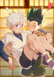 Rule 34 | 2boys, absurdres, carrying, carrying person, child, chinese commentary, closed eyes, commentary request, couple, gon freecss, green hair, green shorts, heart, highres, hunter x hunter, indoors, killua zoldyck, long sleeves, male focus, multiple boys, purple eyes, purple footwear, short hair, shorts, sweat, teeth, white hair, yaoi, zxanzai