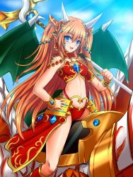 Rule 34 | 1girl, :d, armlet, bikini, bikini top only, blue eyes, blush, bracelet, dragon girl, dragon horns, dragon tail, dragon wings, earrings, hair ornament, hand on own hip, hijikawa arashi, horns, jewelry, long hair, looking at viewer, navel, open mouth, orange hair, over shoulder, panties, pointy ears, red panties, riding, shironeko project, smile, solo, staff, sunlight, swimsuit, tail, tetra (shironeko project), two side up, underwear, weapon, weapon over shoulder, wings