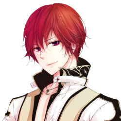 Rule 34 | 1boy, arch bishop (ragnarok online), closed mouth, coat, commentary request, cross, cross necklace, hair between eyes, jewelry, looking at viewer, male focus, necklace, norapeko, pink eyes, ragnarok online, red hair, short hair, simple background, smile, solo, upper body, white background, white coat