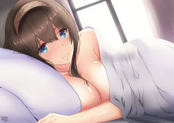Rule 34 | 10s, 1girl, absurdres, bad id, bad pixiv id, bed, blue eyes, blush, breasts, brown hair, cleavage, hairband, highres, idolmaster, idolmaster cinderella girls, large breasts, long hair, looking at viewer, lying, nude, on side, pillow, sagisawa fumika, smile, solo, window, yhogila-q
