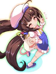 Rule 34 | 1girl, ^ ^, ahoge, backpack, bag, beret, blue dress, blue footwear, blush, bobby socks, brown hair, closed eyes, colored shadow, commentary request, double v, dress, frilled dress, frills, full body, grin, hat, highres, hinatsuru ai, kneepits, layered sleeves, long hair, long sleeves, low twintails, outline, perorisu, puffy short sleeves, puffy sleeves, ryuuou no oshigoto!, school uniform, shadow, shoe soles, shoes, short over long sleeves, short sleeves, sidelocks, smile, socks, solo, standing, standing on one leg, translation request, twintails, v, very long hair, white hat, white socks