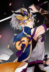 Rule 34 | 1boy, absurdres, armor, bishounen, blue eyes, chinese armor, fate/grand order, fate (series), grey hair, highres, holding, holding sword, holding weapon, horned mask, looking at viewer, male focus, mask, prince of lan ling (fate), sangzhujun, solo, sword, weapon