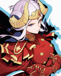Rule 34 | 1girl, axe, aymr (fire emblem), breasts, cape, closed mouth, edelgard von hresvelg, fire emblem, fire emblem: three houses, hair ornament, highres, horns, long hair, long sleeves, looking at viewer, nakabayashi zun, nintendo, purple eyes, red cape, simple background, solo, uniform, weapon, white hair