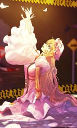 Rule 34 | 1girl, absurdly long hair, arms up, blonde hair, blurry, blurry background, blurry foreground, bow, breasts, bug, butterfly, caustics, caution tape, colored eyelashes, dark, dress, flame print, from side, gap (touhou), glowing butterfly, hair bow, hat, hat ribbon, highres, in water, insect, keep out, kneeling, large breasts, light, long hair, long sleeves, looking up, miwerjooggetser, mob cap, open hands, open mouth, outstretched arms, profile, puffy long sleeves, puffy sleeves, purple theme, red bow, red eyes, ribbon, ripples, road sign, sidelocks, sign, smile, solo, tabard, touhou, trigram, very long hair, white butterfly, white dress, white hat, wide sleeves, yakumo yukari, yellow eyes