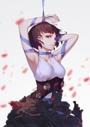 Rule 34 | 10s, 1girl, ahoge, arm ribbon, armpits, arms up, black skin, blood, blood on clothes, blue ribbon, breasts, brown hair, choker, closed mouth, colored skin, corset, eyelashes, fingernails, grabbing, halterneck, highres, koutetsujou no kabaneri, light frown, long fingernails, looking at viewer, looking to the side, medium breasts, motion blur, mumei (kabaneri), red eyes, rekaerb maerd, restrained, ribbon, ribbon choker, short hair, sleeveless, solo, steampunk, upper body, white background