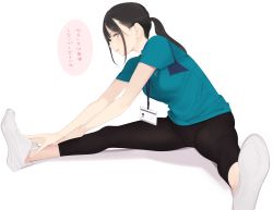 Rule 34 | 1girl, ama mitsuki, black hair, blue shirt, blush, breasts, brown eyes, capri pants, commentary request, exercising, highres, leggings, legs, long hair, medium breasts, original, pants, parted lips, ponytail, shirt, shoes, short sleeves, simple background, sitting, smile, sneakers, solo, split, spread legs, stretching, translation request, white background, white footwear