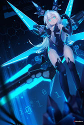 Rule 34 | 10s, 1girl, aqua eyes, artist name, bare shoulders, binary, black gloves, black heart (neptunia), black leotard, black thighhighs, blurry, boots, center opening, character name, cleavage cutout, clothing cutout, depth of field, dutch angle, elbow gloves, english text, engrish text, from below, gloves, groin, hair between eyes, hair ornament, halterneck, hand up, head tilt, headgear, hexagon, highres, holding, holding sword, holding weapon, huge weapon, leotard, long hair, looking at viewer, magical girl, mecha musume, mechanical wings, neptune (series), noire (neptunia), novelance, open mouth, parted lips, power symbol, power symbol-shaped pupils, ranguage, sidelocks, skin tight, solo, standing, sword, symbol-shaped pupils, thigh boots, thighhighs, turtleneck, weapon, white hair, wings