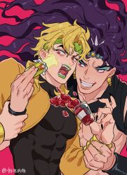 Rule 34 | 2boys, abs, battle tendency, black nails, blonde hair, bracelet, commentary, dio brando, earrings, english commentary, evil smile, fangs, food, food on face, green lips, grin, headband, heart, height difference, highres, holding, holding another&#039;s wrist, honlo, horns, jacket, jam, jewelry, jojo no kimyou na bouken, kars (jojo), long hair, long sleeves, looking at another, makeup, male focus, multiple boys, muscular, muscular male, open mouth, pectorals, pink background, purple hair, red eyes, smile, stardust crusaders, sweatdrop, topless male, very long hair, wavy hair, yellow jacket