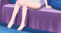 Rule 34 | 1girl, ahoge, animated, animated gif, blue eyes, blue hair, blue panties, blush, breasts, collarbone, couch, fa (rpg fudousan), feet, hair between eyes, hair over breasts, hand on own chest, long hair, looking at viewer, navel, panties, rpg fudousan, sitting, small breasts, smile, stomach, tail, thighs, topless, underwear