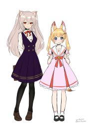 Rule 34 | &gt;:), 2girls, animal ear fluff, animal ears, arms behind back, black legwear, blonde hair, blue eyes, blush, cat ears, commentary request, dated, fox ears, fox tail, full body, grey hair, hair ornament, hairclip, highres, kemomimi oukoku kokuei housou, long hair, looking at viewer, mikoko (kemomimi oukoku kokuei housou), morikura en, multiple girls, neck ribbon, nora cat, nora cat channel, pantyhose, red eyes, ribbon, simple background, sketch, smile, standing, tail, twintails, twitter username, virtual youtuber, white background