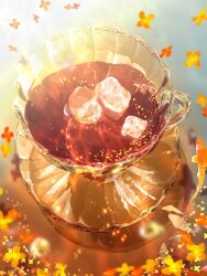 Rule 34 | autumn, cup, drink, evening, falling petals, fish, highres, ice, ice cube, makoron117117, original, outdoors, petals, reflection, saucer, teacup