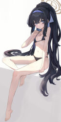 Rule 34 | 1girl, absurdres, barefoot, bikini, black bikini, black hair, blue archive, blue eyes, blue hairband, blush, breasts, closed mouth, commentary, crossed bangs, full body, hair between eyes, hairband, halo, hand up, highres, invisible chair, jewelry, long hair, looking at viewer, navel, official alternate costume, pendant, ponytail, sitting, skinny, small breasts, solo, swimsuit, toes, ui (blue archive), ui (swimsuit) (blue archive), very long hair, white background, xsan, yellow halo