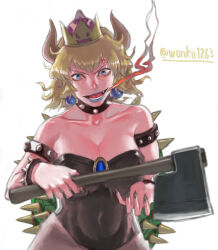 Rule 34 | 1girl, armlet, axe, black collar, blonde hair, blue eyes, blue lips, bowsette, bracelet, breasts, breath weapon, breathing fire, cleavage, collar, collarbone, commentary request, cowboy shot, fang, fingernails, fire, grey leotard, grey nails, holding, holding axe, horns, jewelry, large breasts, leotard, looking at viewer, mario (series), new super mario bros. u deluxe, nintendo, open mouth, sharp fingernails, short bangs, simple background, smile, solo, spiked armlet, spiked bracelet, spiked collar, spiked shell, spikes, strapless, strapless leotard, super crown, turtle shell, twitter username, v-shaped eyebrows, wankosoba (wanko1263), white background
