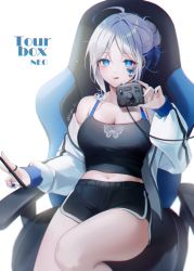 Rule 34 | 1girl, absurdres, blue eyes, breasts, bug, butterfly, chair, cleavage, gaming chair, hair bun, highres, insect, jacket, licking lips, midriff, nail polish, naru 0, original, short shorts, shorts, signature, single hair bun, sitting, solo, swivel chair, thighs, tongue, tongue out, white hair