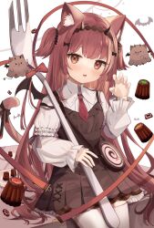 Rule 34 | 1girl, animal ears, bag, brown eyes, cat ears, cat girl, cat tail, character request, claw pose, copyright request, fake horns, fork, goma (u p), hairband, highres, holding, holding fork, horns, long sleeves, necktie, oversized object, red hair, red necktie, ribbon, shirt, shoulder bag, solo, tail, tail ornament, tail ribbon, tongue, tongue out, white shirt