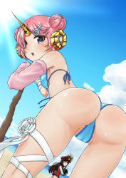 Rule 34 | 2girls, absurdres, alternate costume, artist request, ass, black hair, blue eyes, blush, breasts, cameltoe, choker, demon choker, double bun, fate/apocrypha, fate/grand order, fate (series), food, frankenstein&#039;s monster (fate), frankenstein&#039;s monster (swimsuit saber) (fate), from behind, fruit, hair bun, hair ornament, hair over one eye, hairclip, hat, highres, horns, leaning, leaning forward, long hair, looking at viewer, multiple girls, open mouth, pink hair, red eyes, shiny skin, short hair, single horn, swimsuit, swimsuit under clothes, watermelon