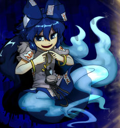 Rule 34 | 1girl, :d, blue bow, blue eyes, blue fire, blue hair, blue skirt, bow, bracelet, cat, cup, eyebrows, facing away, fingers together, fire, flat chest, ghost tail, grey hoodie, hair between eyes, hair bow, hood, hood down, hoodie, index fingers together, jewelry, long hair, looking away, looking to the side, miniskirt, ninniku (ninnniku105), ofuda, ofuda on clothes, open mouth, short sleeves, sitting, skirt, smile, solo, torn clothes, torn hoodie, touhou, turn pale, very long hair, yorigami shion